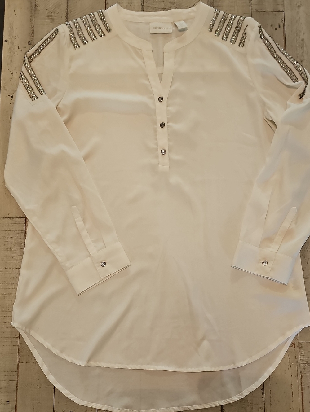 Chico's White Tunic Blouse with Beaded Embellished Shoulder Stripes NEW